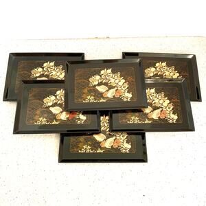 Vintage Otigiri Japan Black Lacquer Trays (6) Golden Foil Partridge Birds Asian